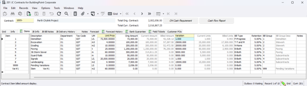 Vista contract items screen showing billed amounts, variations and retention by line item