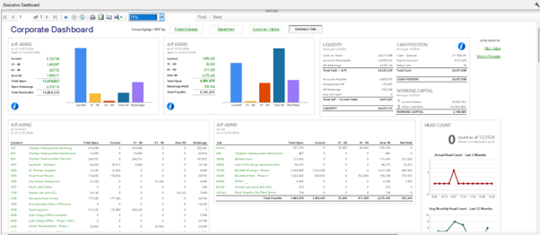 Trimble Vista corporate dashboard showing AR/AP aging, liquidity, cash position and headcount