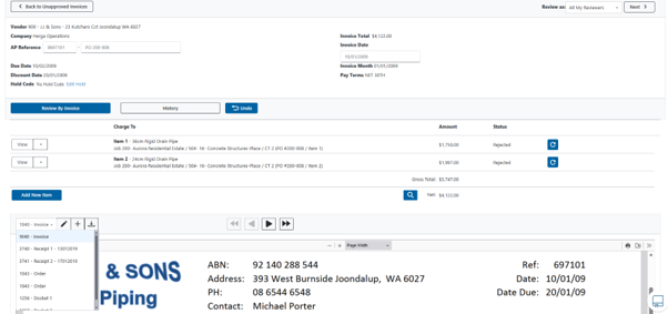 Vista invoice review screen showing charge-to items, amounts and approval status for a supplier invoice