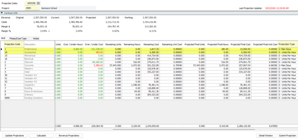 Vista job costing screen showing revenue, cost and margin projections by project