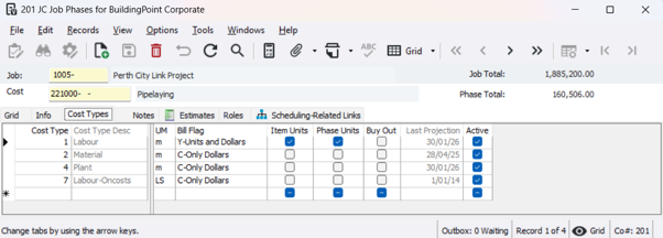 Vista job phases screen showing progress entry, estimated and completed units by phase