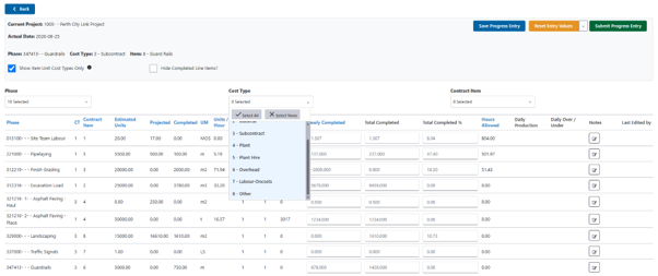 Vista job cost detail screen comparing actual versus projected cost, hours and units across multiple projects